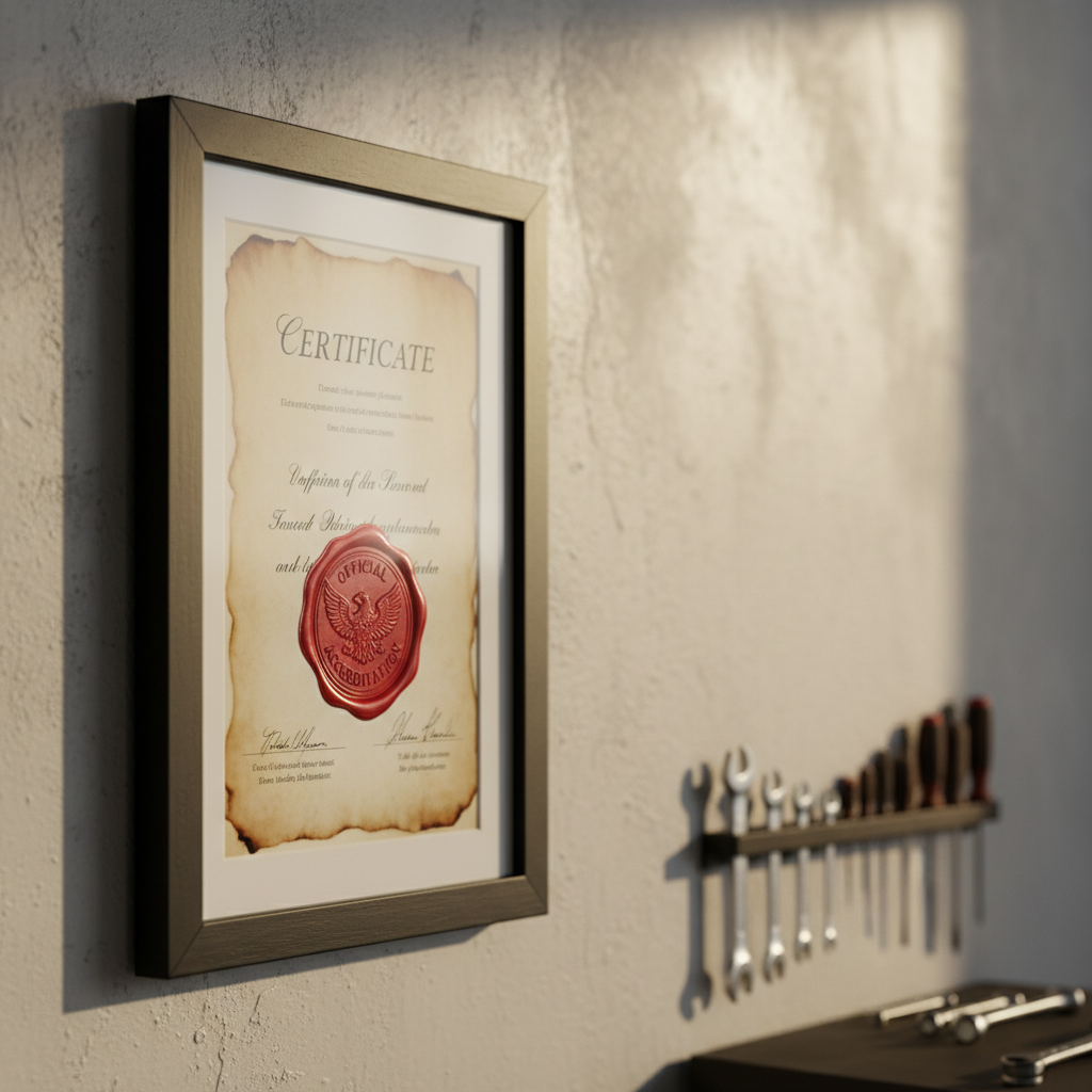 Certificat CMMTQ encadré au mur de l'atelier